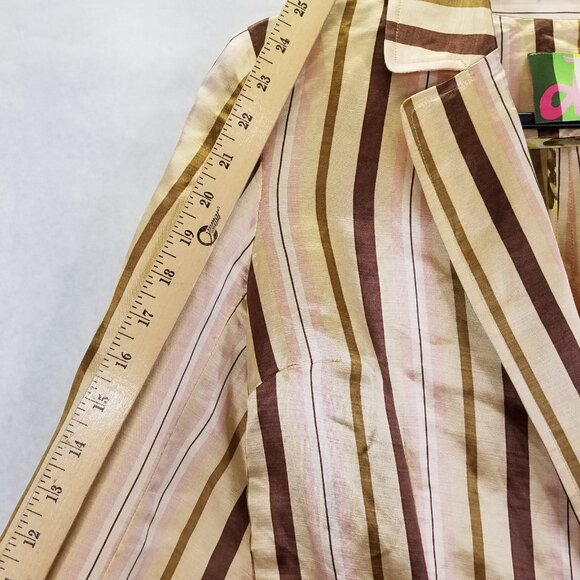 D.E.S. Jacket Women's Sz 6 Silk Linen Snap Wrap Front Striped Classic Blazer Tan - Picture 16 of 16